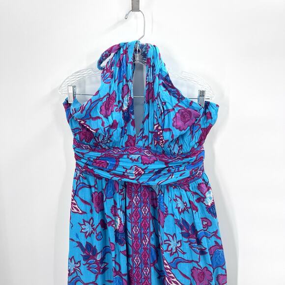 Caroline Constas Turquoise Floral Cotton Criss Cross Halter Maxi Dress Womens XL - Picture 3 of 8